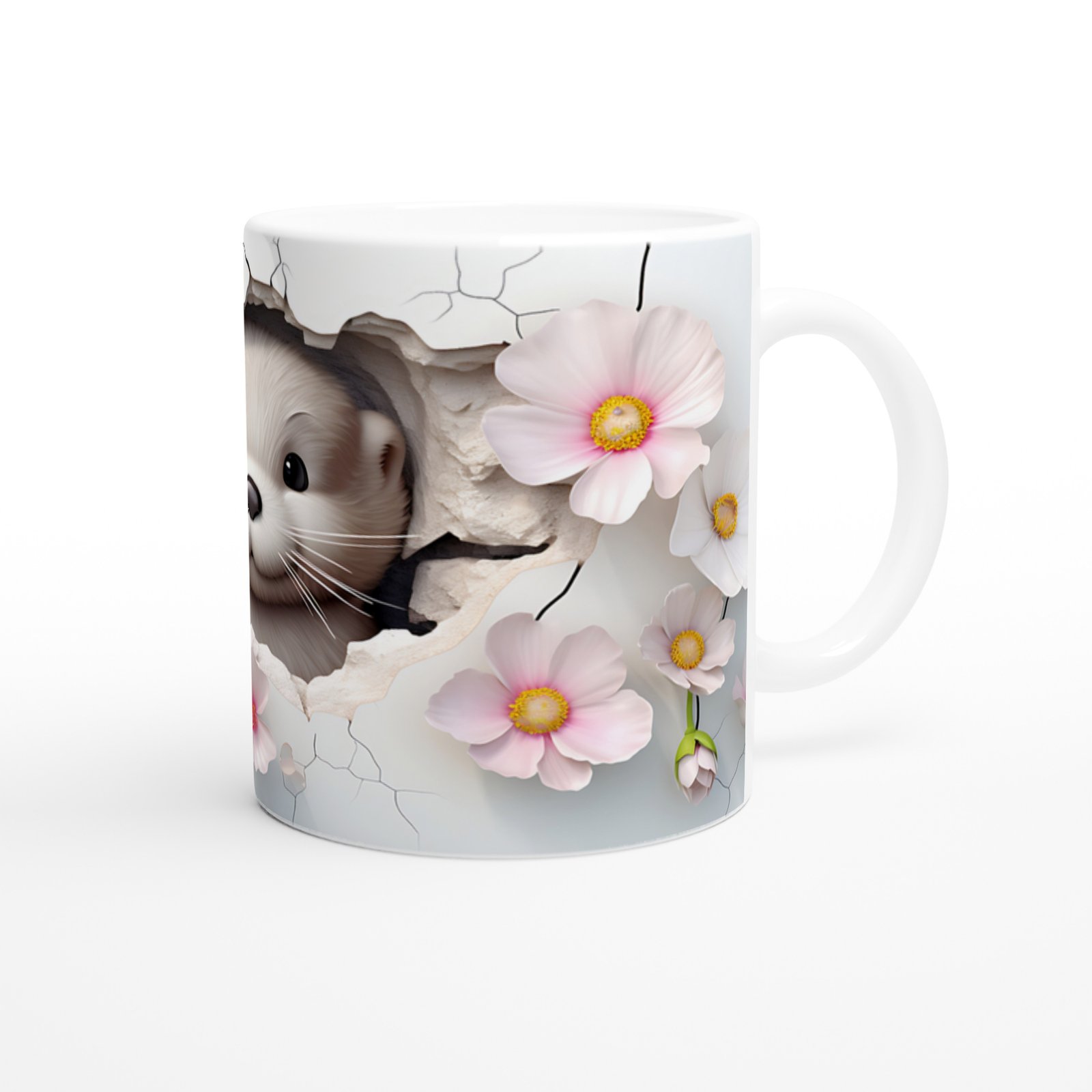 Pembe Çiçekler Arasında Yüzünü Uzatan Su Samuru Baskılı Kupa Bardak - 2