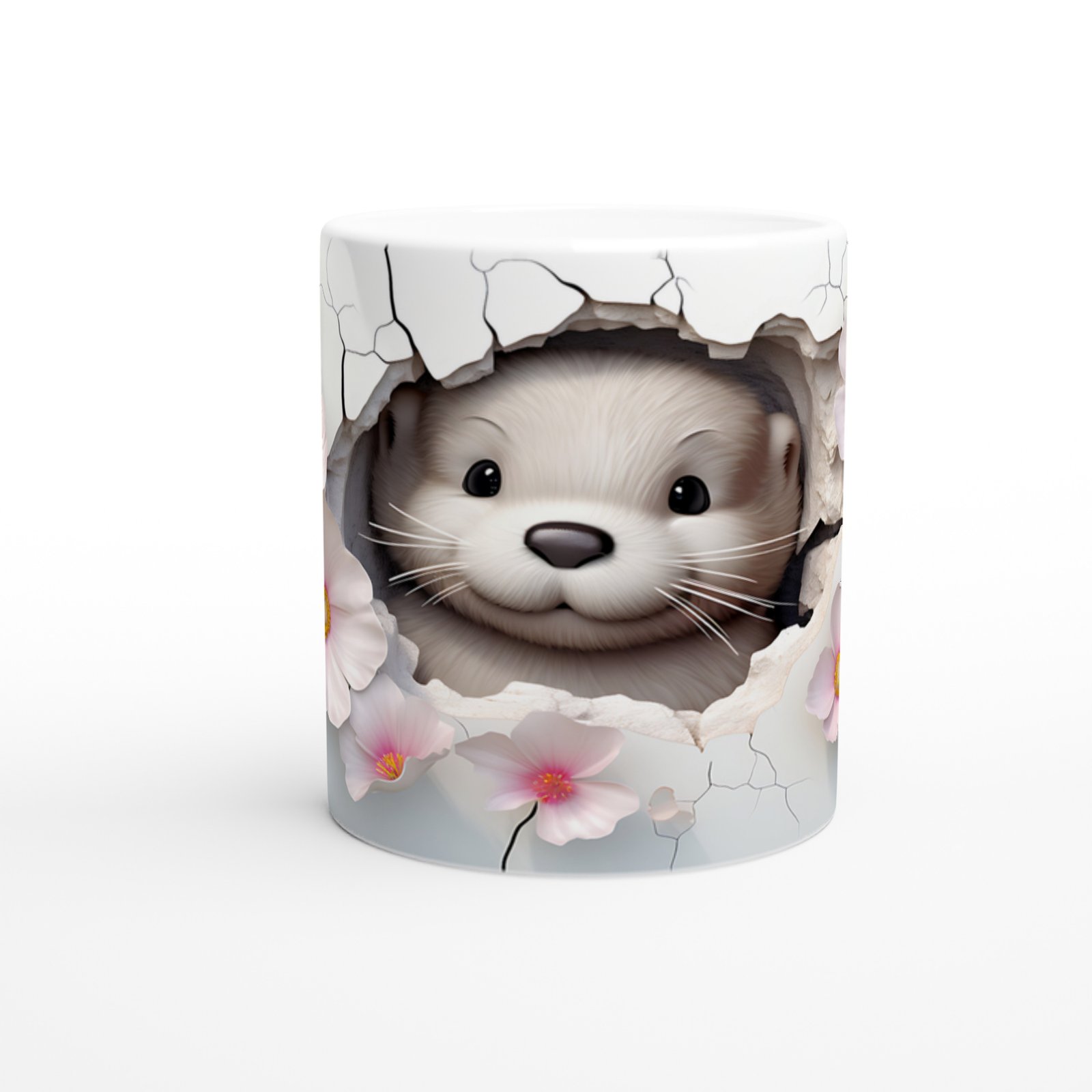 Pembe Çiçekler Arasında Yüzünü Uzatan Su Samuru Baskılı Kupa Bardak