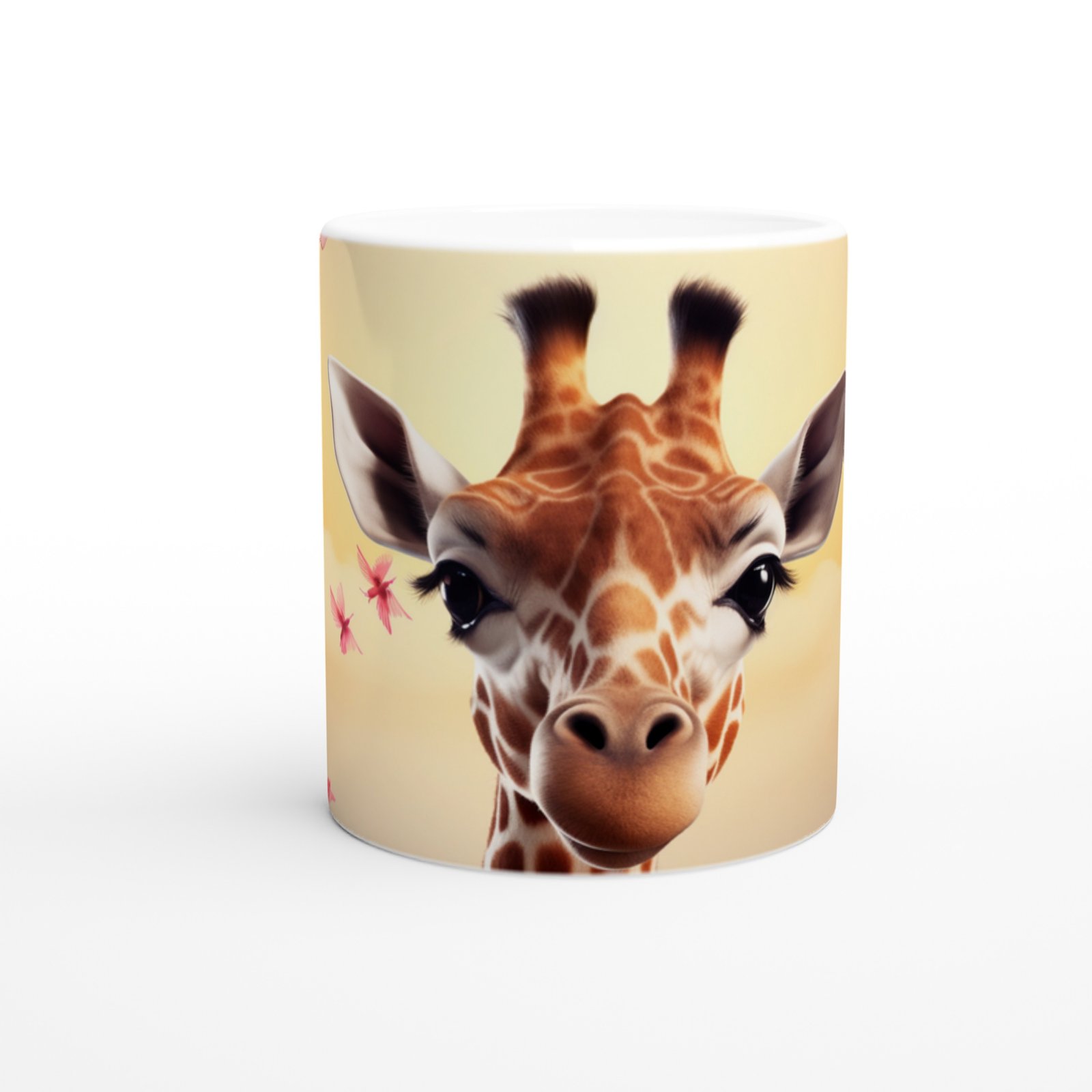 Pembe Çiçekler Arasında Zürafa Temalı Baskılı Kupa Bardak