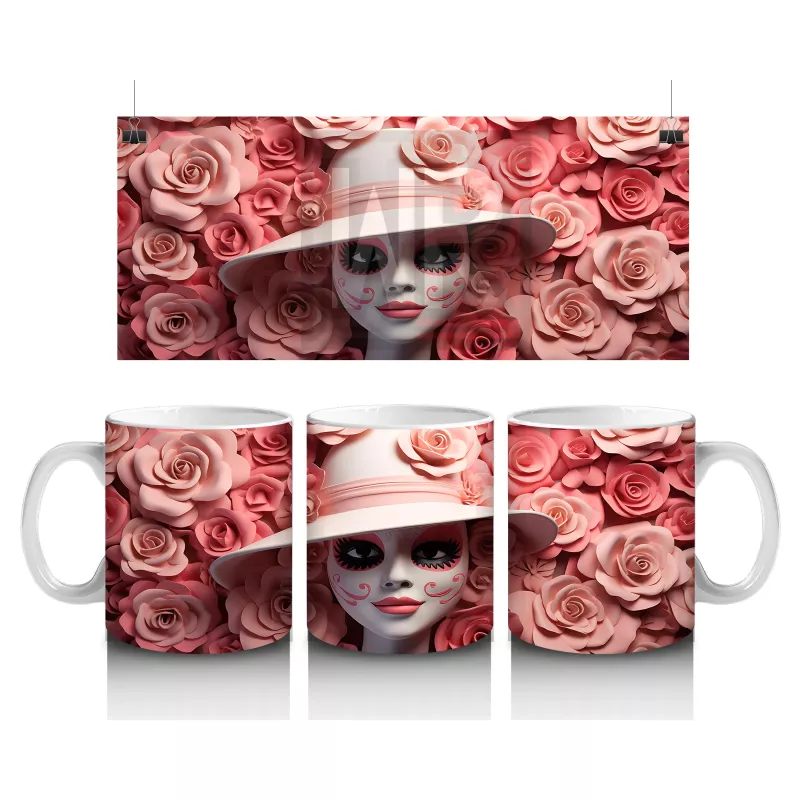 Pembe Çiçekler İçinde Kafatası Silueti – Hediyelik Kahve Kupası