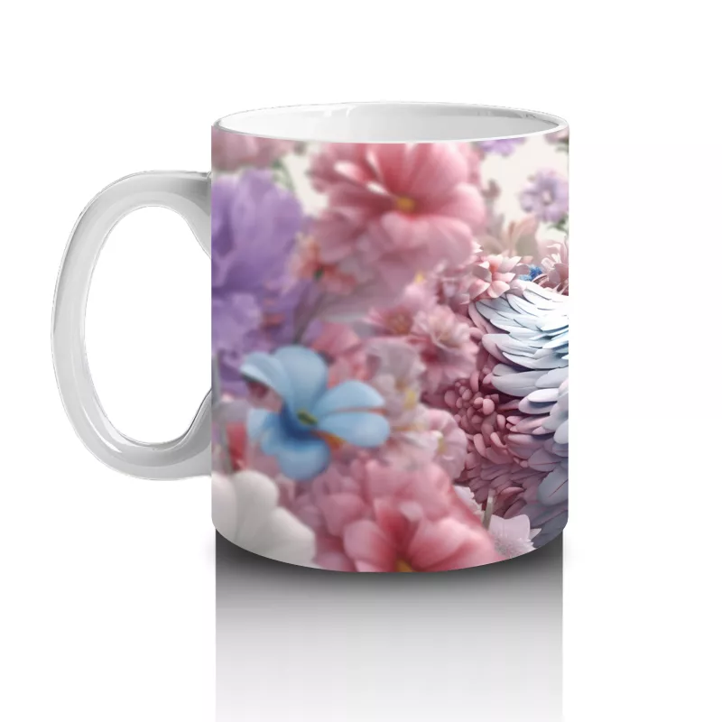 Pembe Çiçekler İçinde Oturan Sevimli Horoz – Baskılı Kahve Kupası - 2