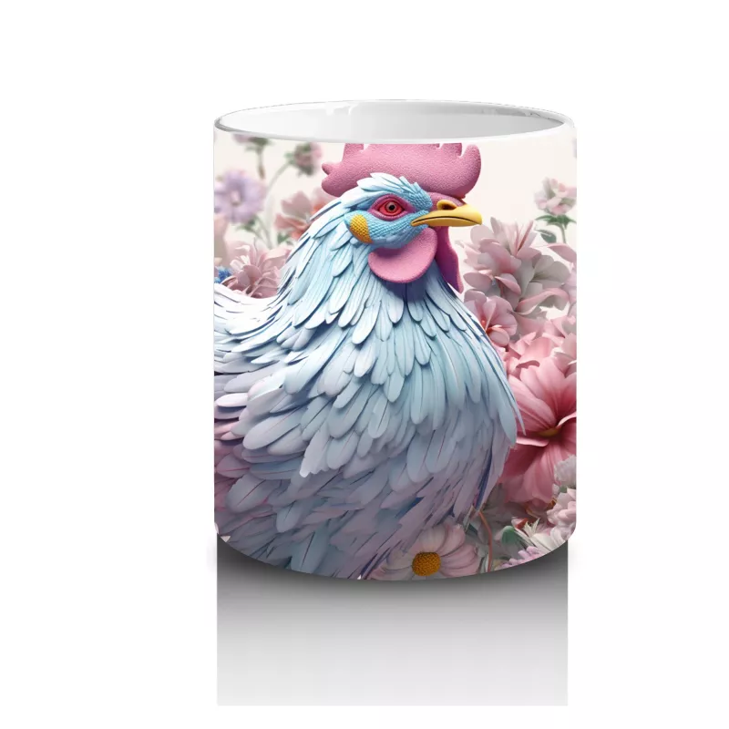 Pembe Çiçekler İçinde Oturan Sevimli Horoz – Baskılı Kahve Kupası - 3