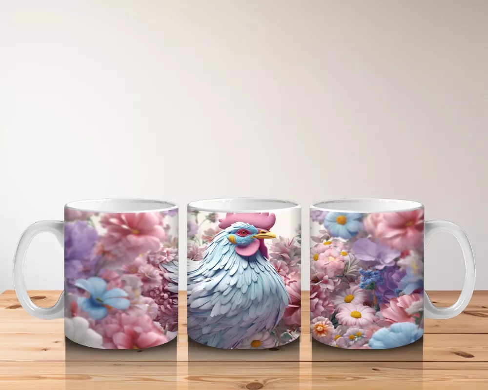 Pembe Çiçekler İçinde Oturan Sevimli Horoz – Baskılı Kahve Kupası - 5