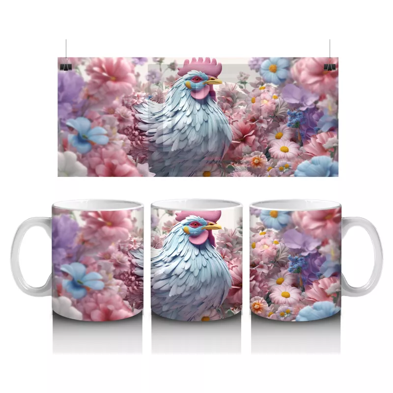 Pembe Çiçekler İçinde Oturan Sevimli Horoz – Baskılı Kahve Kupası