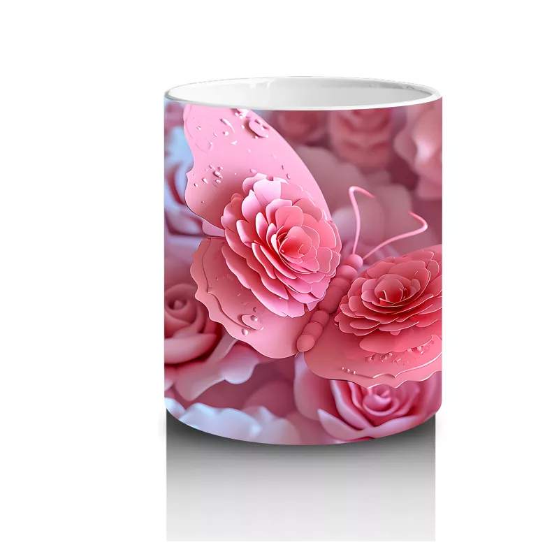 Pembe Çiçekler Üzerine Konmuş Kelebek – Baskılı Kahve Kupası - 3