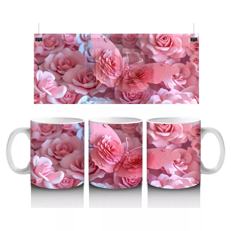 Pembe Çiçekler Üzerine Konmuş Kelebek – Baskılı Kahve Kupası