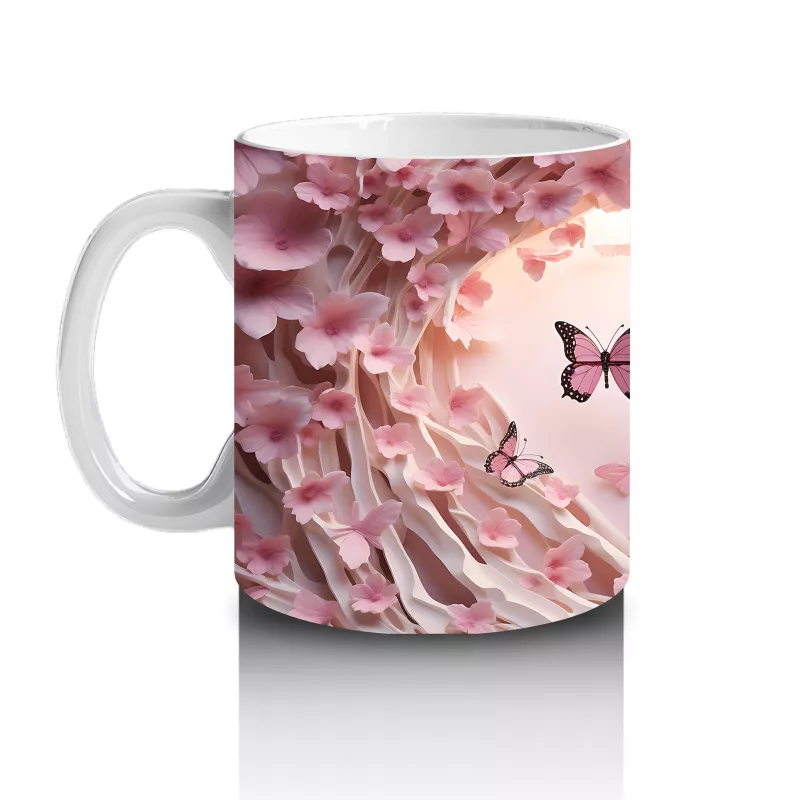 Pembe Çiçekler ve Kalpler Arasında Uçan Kelebekler – Baskılı Kahve Kupası - 2