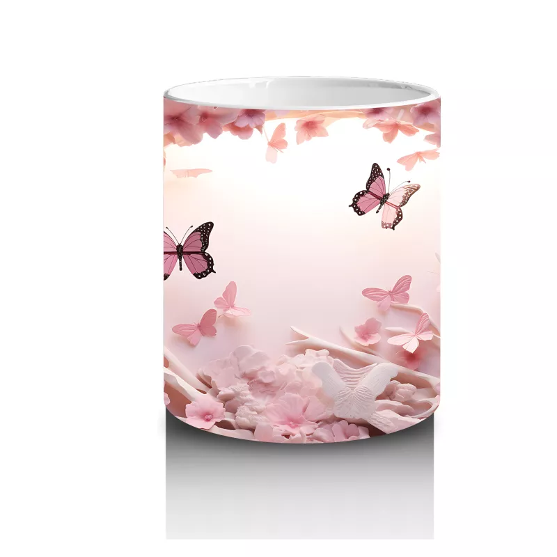 Pembe Çiçekler ve Kalpler Arasında Uçan Kelebekler – Baskılı Kahve Kupası - 3