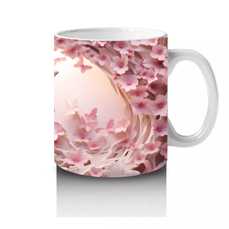 Pembe Çiçekler ve Kalpler Arasında Uçan Kelebekler – Baskılı Kahve Kupası - 4