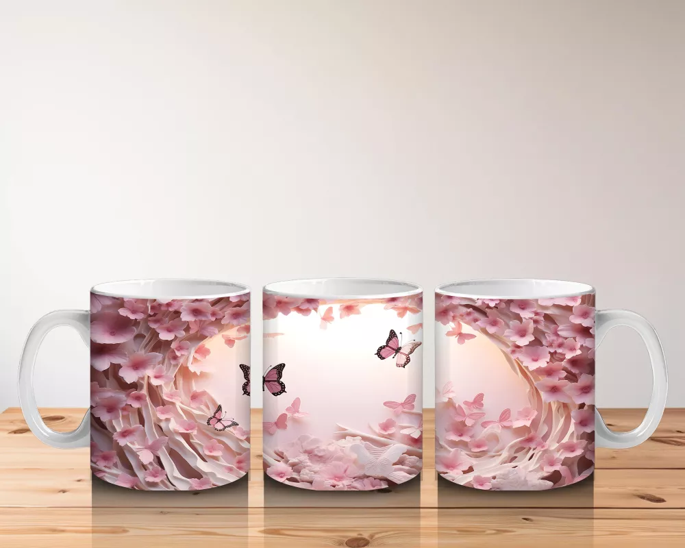 Pembe Çiçekler ve Kalpler Arasında Uçan Kelebekler – Baskılı Kahve Kupası - 5
