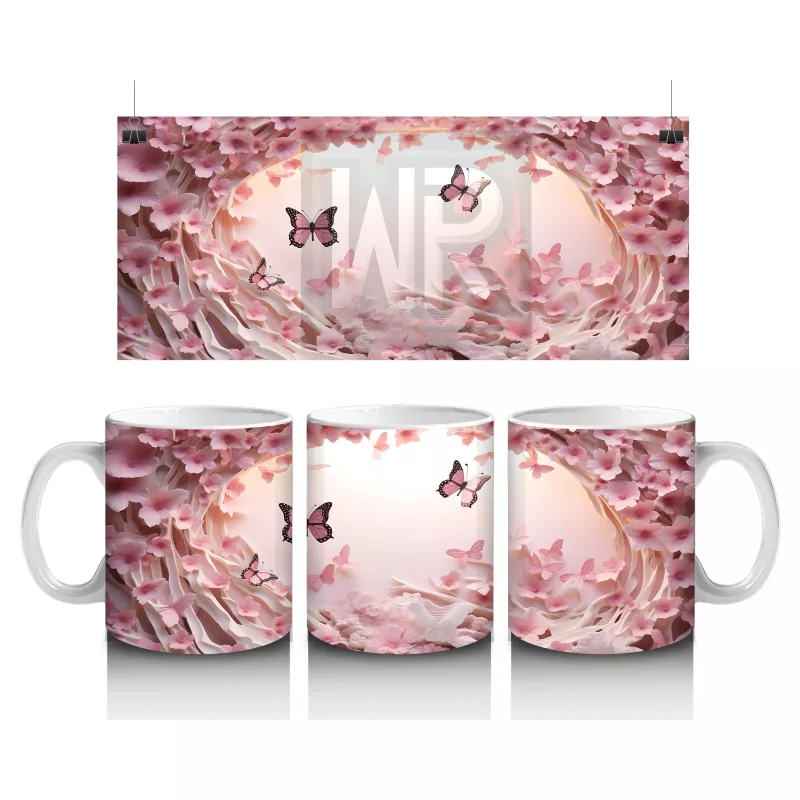 Pembe Çiçekler ve Kalpler Arasında Uçan Kelebekler – Baskılı Kahve Kupası