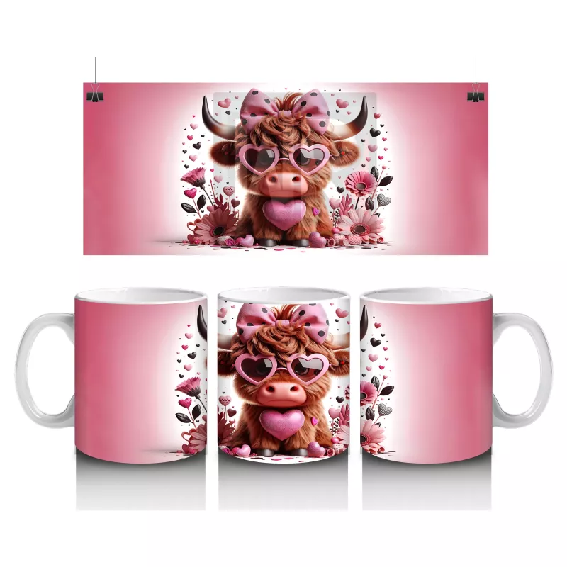 Pembe Çiçekler ve Kalplerle Süslenmiş Şapkalı Buzağı – Baskılı Kahve Kupası
