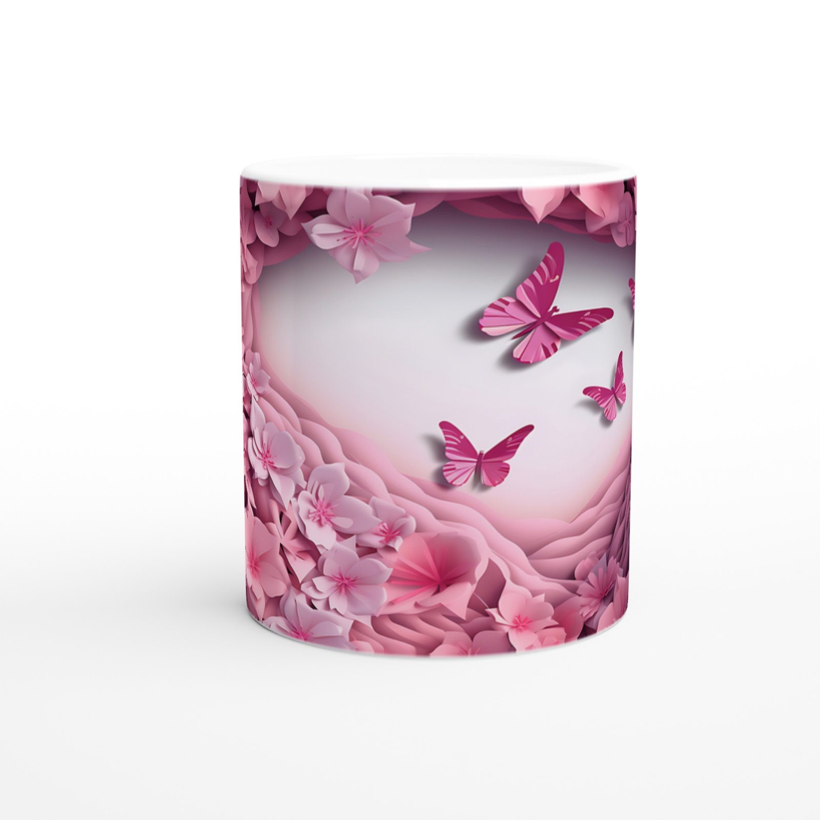 Pembe Çiçekler ve Kelebeklerle Bezeli Romantik Baskılı Kupa Bardak - 2