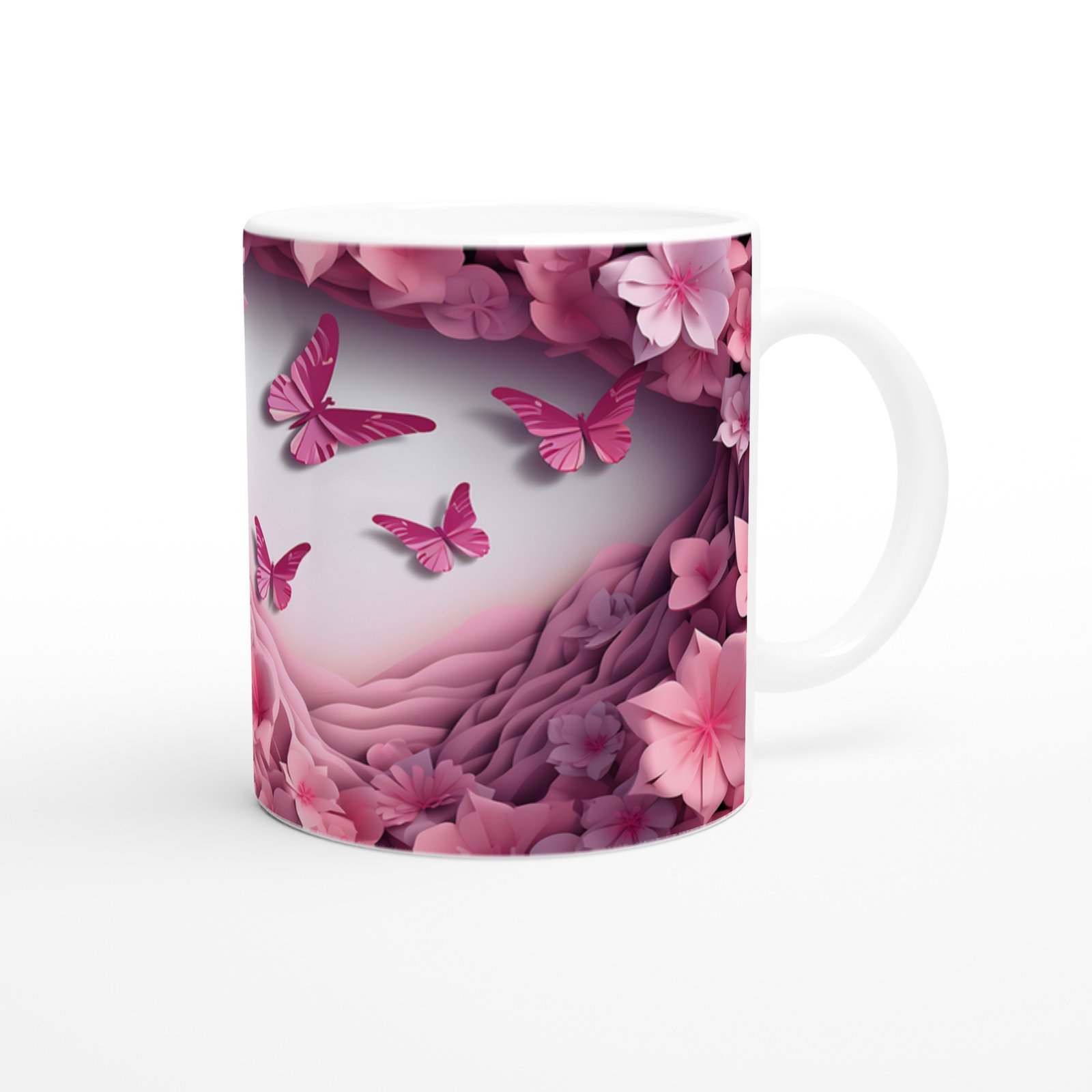 Pembe Çiçekler ve Kelebeklerle Bezeli Romantik Baskılı Kupa Bardak - 3