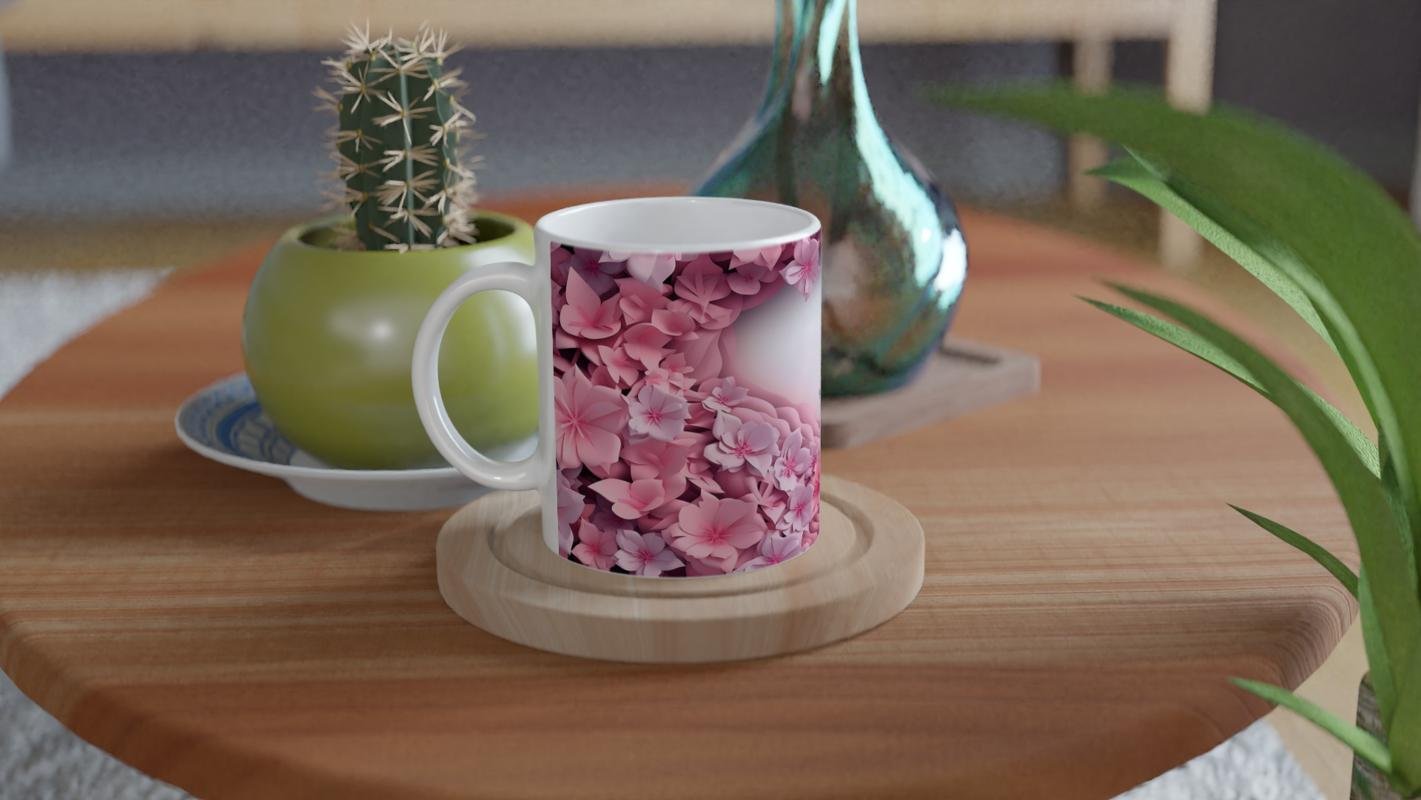 Pembe Çiçekler ve Kelebeklerle Bezeli Romantik Baskılı Kupa Bardak - 4