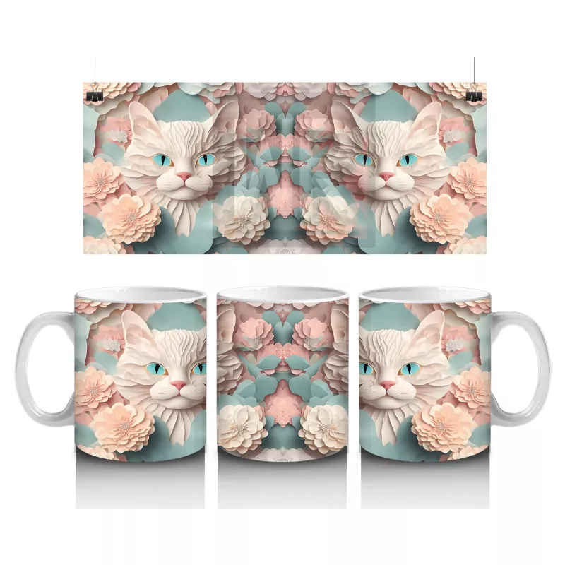 Pembe Çiçeklerle Çerçevelenmiş Tatlı Kedi Yavruları – Baskılı Kahve Kupası