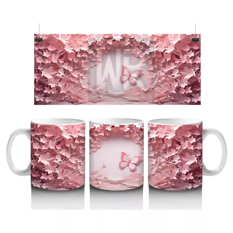 Pembe Çiçeklerle Çevrili Uçan Kelebekler – Baskılı Kahve Kupası