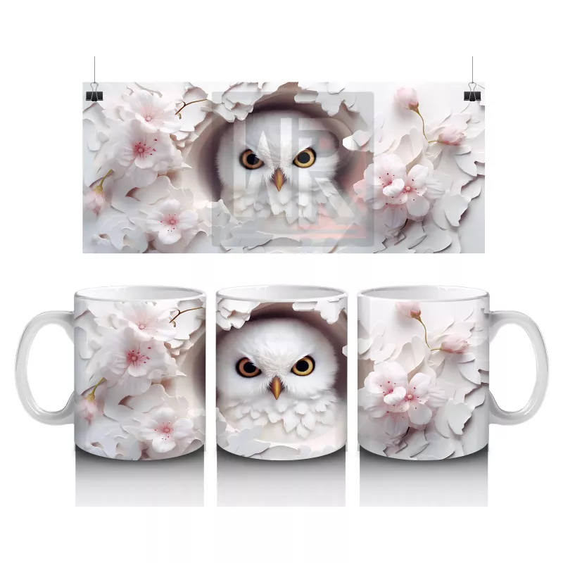 Pembe Çiçeklerle Süslenmiş Baykuş – Baskılı Kahve Kupası