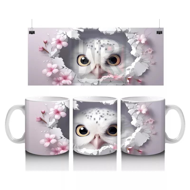 Pembe Çiçeklerle Süslenmiş Baykuş – Baskılı Kahve Kupası