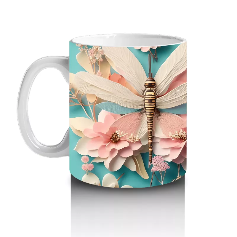 Pembe Çiçeklerle Süslenmiş Çift Yusufçuk İllüstrasyonu - Baskılı kahve kupası - 2