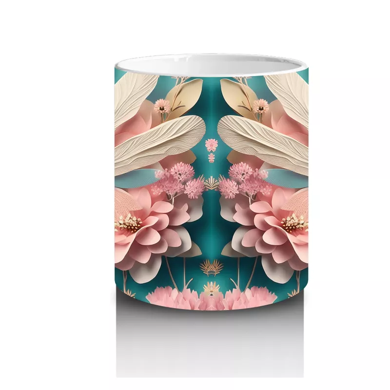 Pembe Çiçeklerle Süslenmiş Çift Yusufçuk İllüstrasyonu - Baskılı kahve kupası - 3