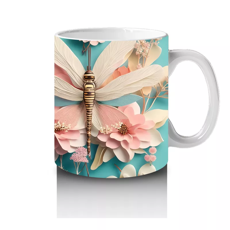 Pembe Çiçeklerle Süslenmiş Çift Yusufçuk İllüstrasyonu - Baskılı kahve kupası - 4