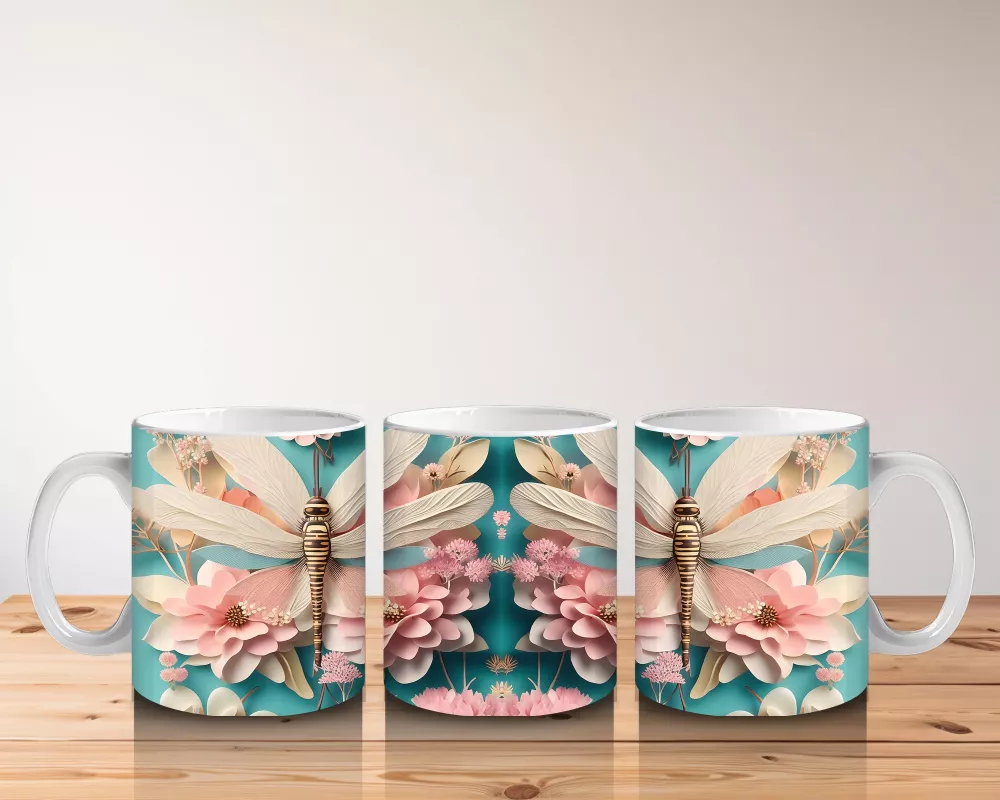 Pembe Çiçeklerle Süslenmiş Çift Yusufçuk İllüstrasyonu - Baskılı kahve kupası - 5