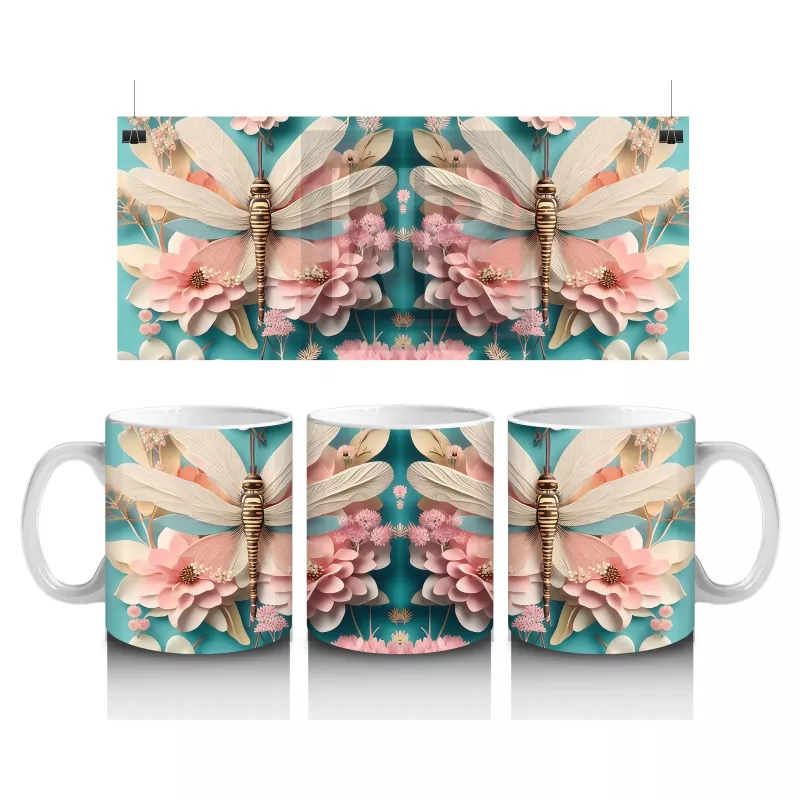 Pembe Çiçeklerle Süslenmiş Çift Yusufçuk İllüstrasyonu - Baskılı kahve kupası