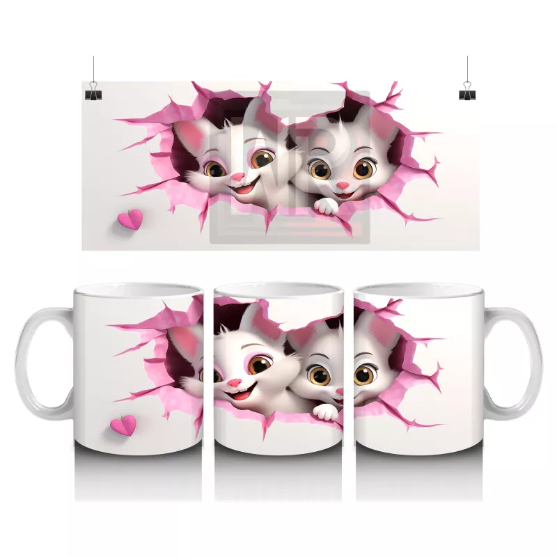 Pembe Çiçeklerle Süslenmiş Kedi Çifti – Baskılı Kahve Kupası