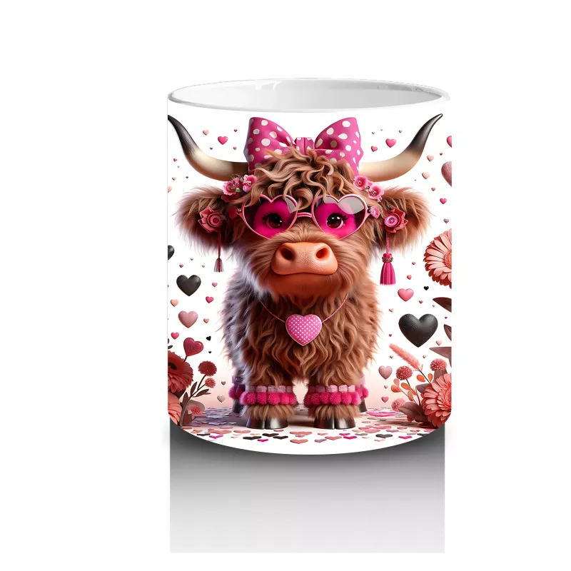 Pembe Çiçeklerle Süslenmiş Neşeli Buzağı – Baskılı Kahve Kupası - 3