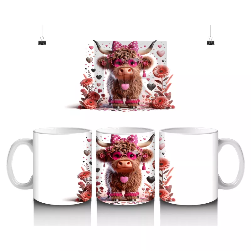 Pembe Çiçeklerle Süslenmiş Neşeli Buzağı – Baskılı Kahve Kupası