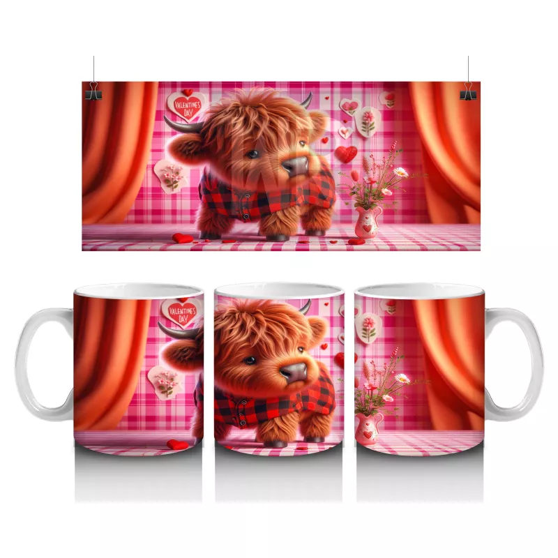 Pembe Çiçeklerle Süslenmiş Romantik Boğa – Baskılı Kahve Kupası