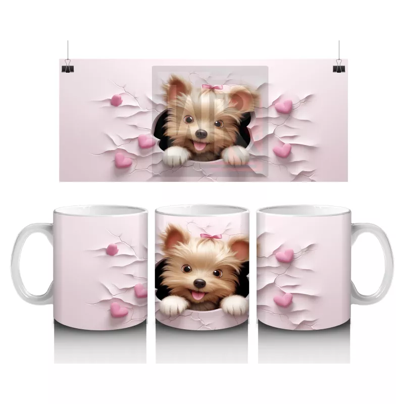 Pembe Çiçeklerle Süslenmiş Sevimli Köpek – Baskılı Kahve Kupası