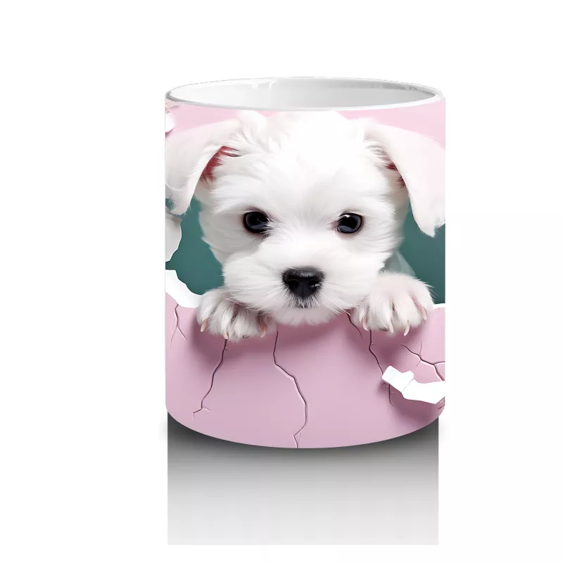 Pembe Çiçeklerle Süslenmiş Yavru Köpek – Baskılı Kahve Kupası - 3