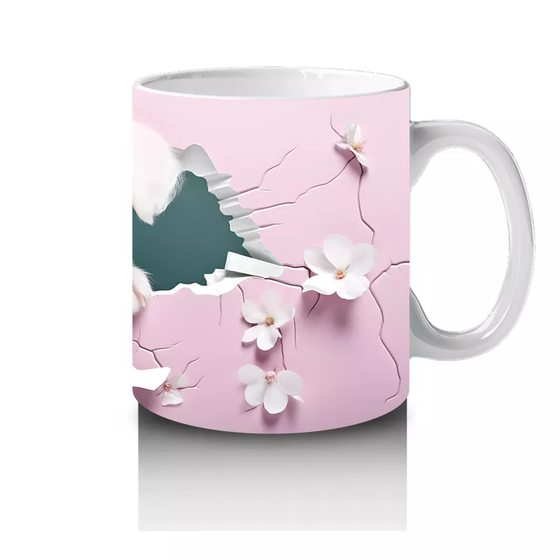 Pembe Çiçeklerle Süslenmiş Yavru Köpek – Baskılı Kahve Kupası - 4