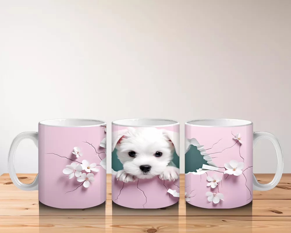 Pembe Çiçeklerle Süslenmiş Yavru Köpek – Baskılı Kahve Kupası - 5