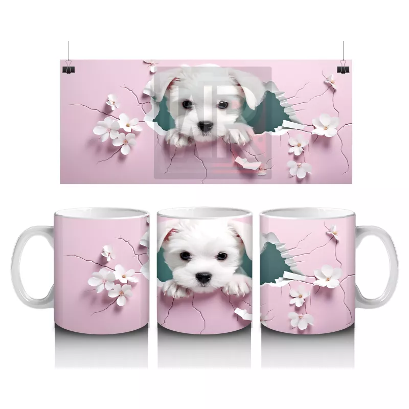 Pembe Çiçeklerle Süslenmiş Yavru Köpek – Baskılı Kahve Kupası