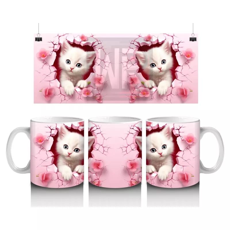 Pembe Çiçekli Arka Planda Sevimli Kedi Çifti - Baskılı Kahve Kupası