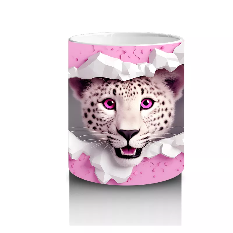 Pembe Çiçekli Çatlakta Bakan Beyaz Kaplan – Baskılı Kahve Kupası - 3