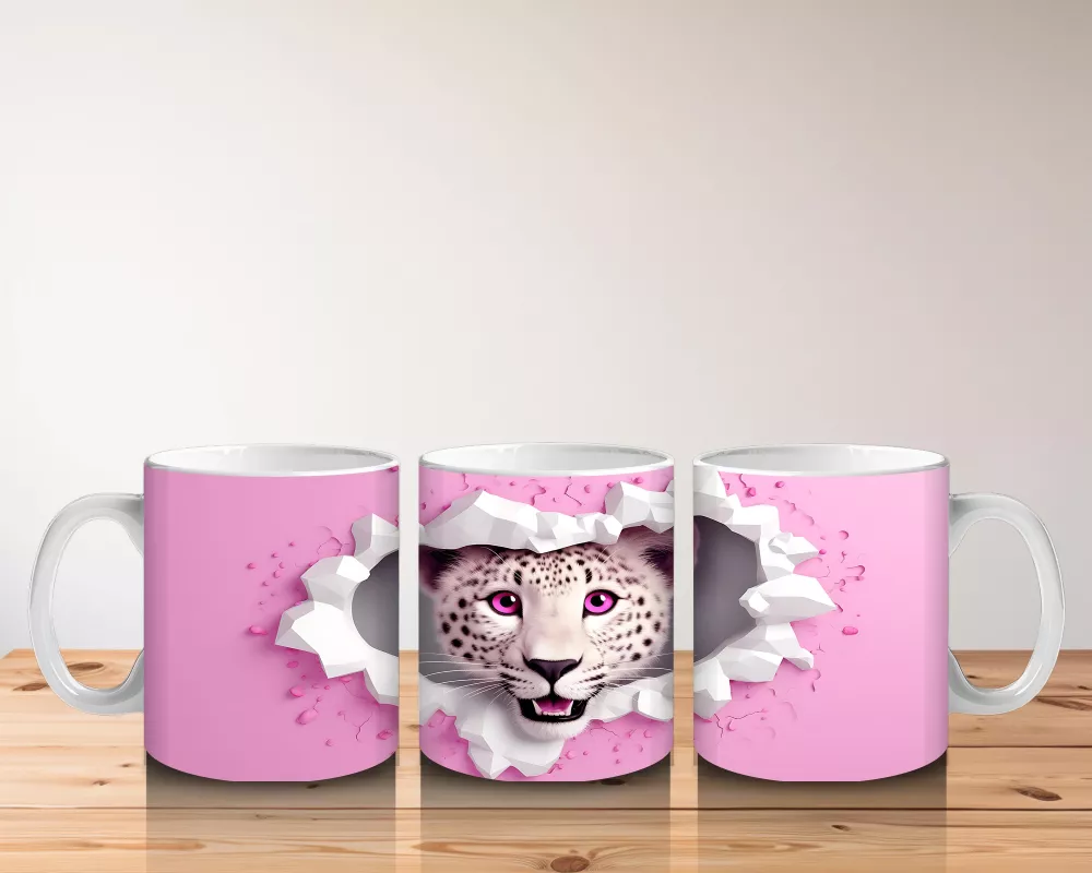 Pembe Çiçekli Çatlakta Bakan Beyaz Kaplan – Baskılı Kahve Kupası - 5