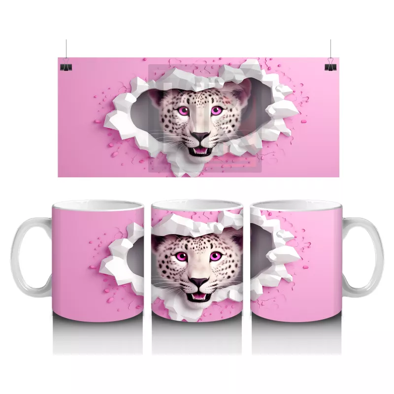 Pembe Çiçekli Çatlakta Bakan Beyaz Kaplan – Baskılı Kahve Kupası