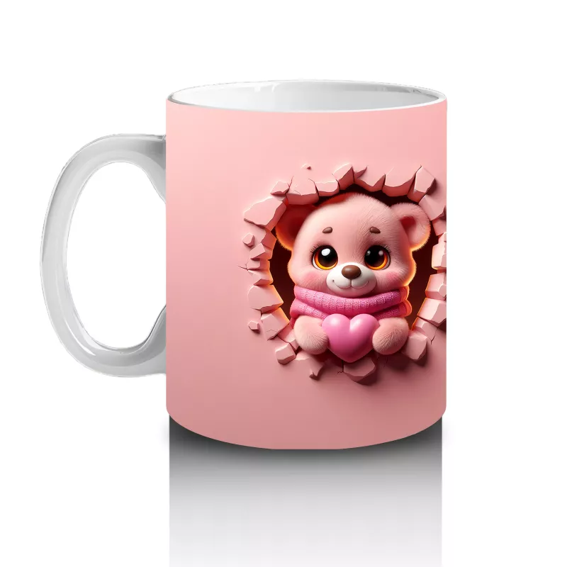 Pembe Çiçekli Çatlakta Sevimli Ayıcık ve Arka Yüzü – Baskılı Kahve Kupası - 2