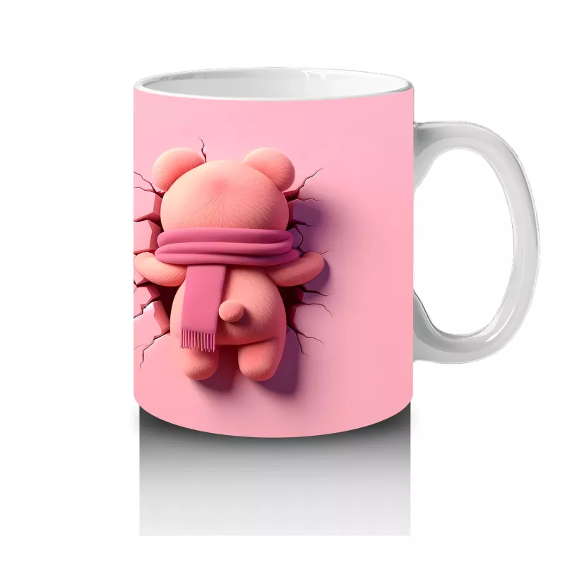 Pembe Çiçekli Çatlakta Sevimli Ayıcık ve Arka Yüzü – Baskılı Kahve Kupası - 4