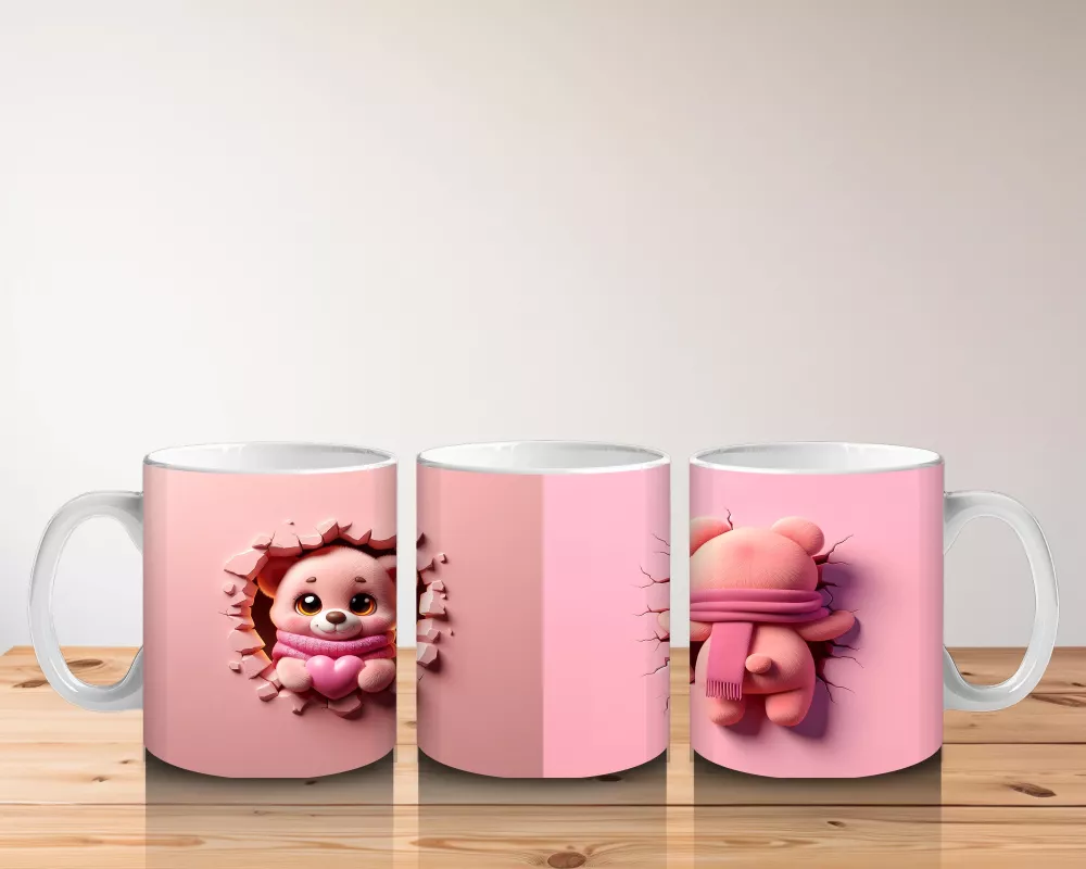 Pembe Çiçekli Çatlakta Sevimli Ayıcık ve Arka Yüzü – Baskılı Kahve Kupası - 5