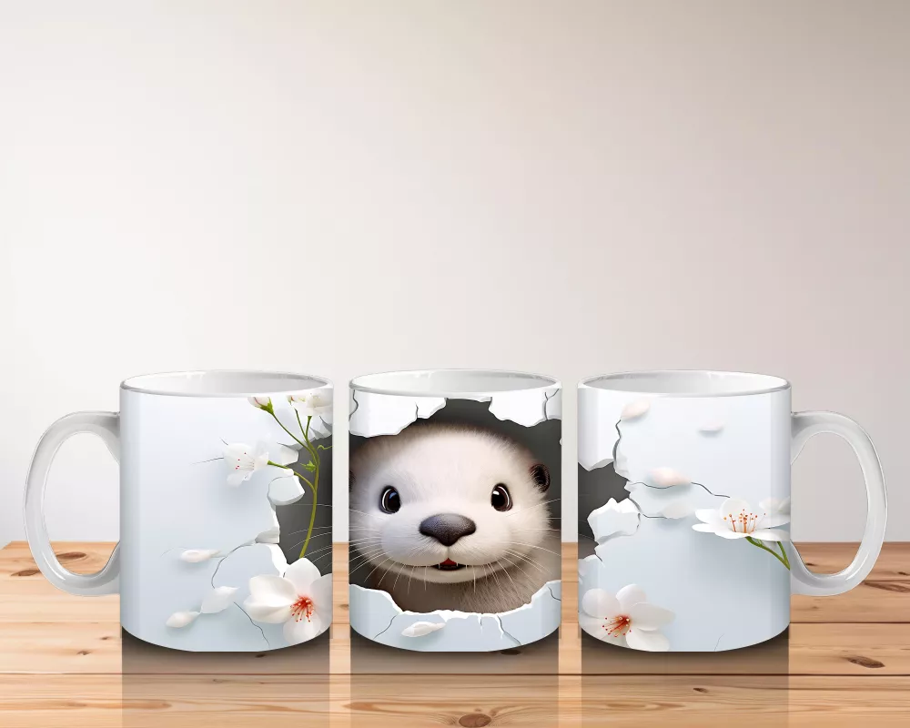 Pembe Çiçekli Fon Üzerinde Su Samuru – Baskılı Kahve Kupası - 5