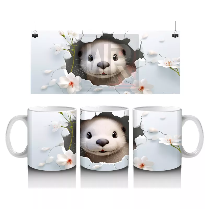 Pembe Çiçekli Fon Üzerinde Su Samuru – Baskılı Kahve Kupası