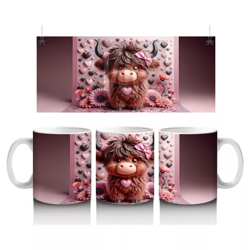 Pembe Desenli Arka Planda Tatlı Boğa - Baskılı Kahve Kupası