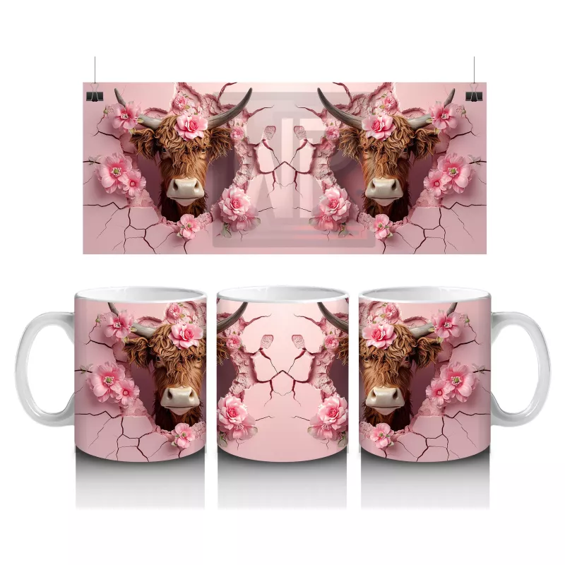 Pembe Desenli Kurdeleli Boğa Figürleri - Baskılı Kahve Kupası