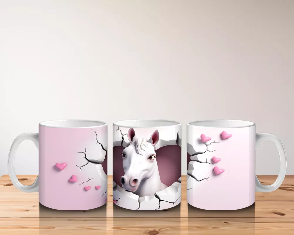 Pembe Duvar Arasında Romantik At Figürü – Baskılı Kahve Kupası - 5
