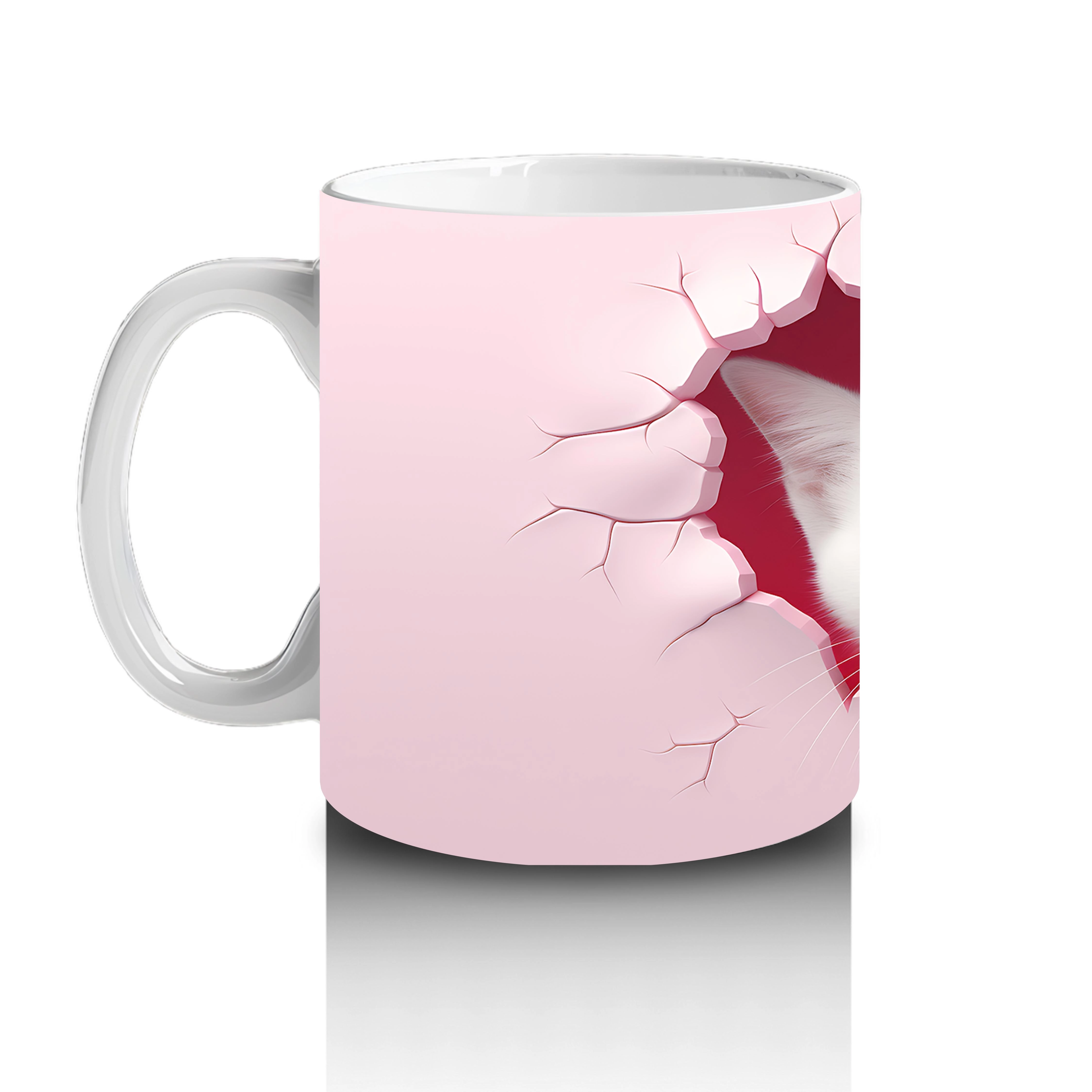 Pembe Duvar Çatlağından Bakan Sevimli Beyaz Kedi Kupa - 2